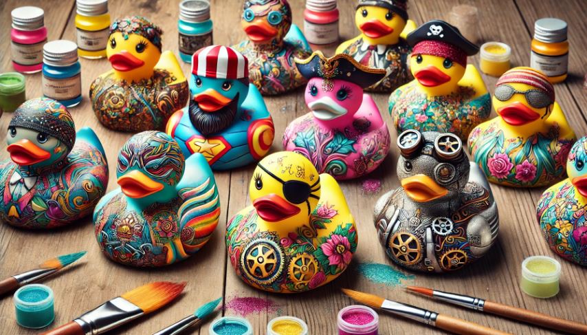 A vibrant collection of decorated Ducks, showcasing colorful designs, patterns, and accessories, highlighting the creative spirit of Jeep culture.