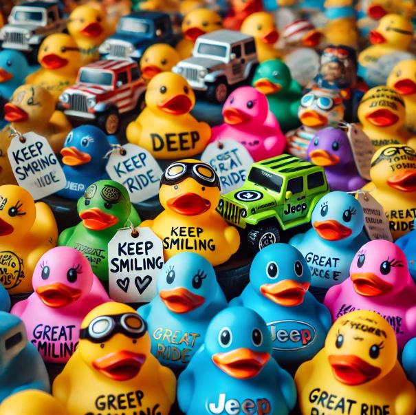 An array of customized Jeep Ducks featuring unique messages like 'Keep Smiling' and 'Great Ride,' vibrant colors, and miniature Jeep models, celebrating personalized creativity in Jeep culture.