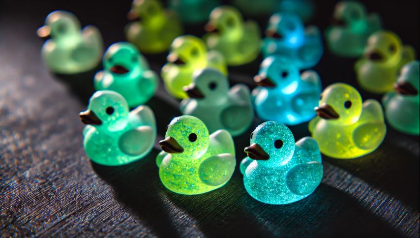 A collection of colorful resin ducks with intricate details, including glossy finishes and creative designs, ideal for Jeep ducking enthusiasts to use in the popular Jeep ducking tradition. The ducks are displayed in various poses, showcasing their craftsmanship and vibrant appeal.